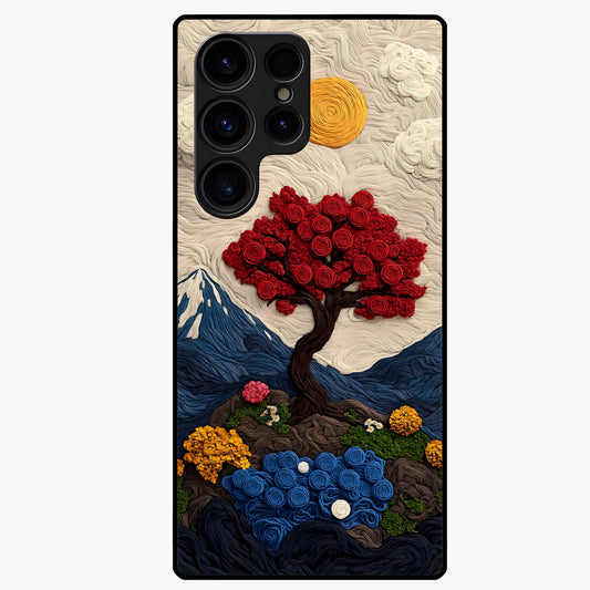 Eternal Nature Tapestry Glass Case showing flat back view with intricate nature tapestry artwork and glossy glass finish.