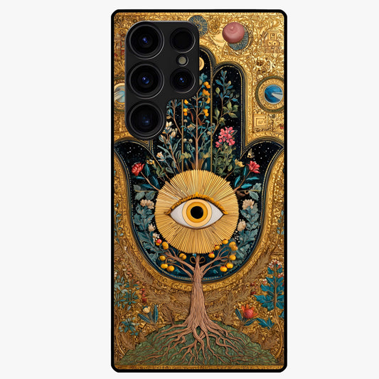 Ethereal Evil Eye Glass Case showing flat back view with mystical evil eye artwork and glossy glass finish.