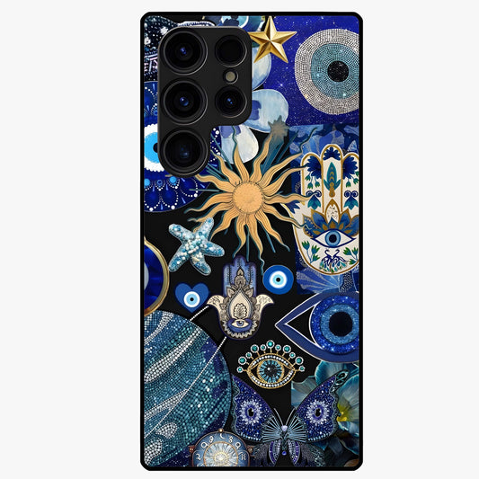 Evil Eye Charm Mix Glass Case showing flat back view with multiple evil eye charms artwork and glossy glass finish.