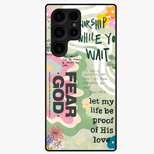 Faith Over Fear Glass Case showing flat back view with motivational typography artwork and glossy glass finish.