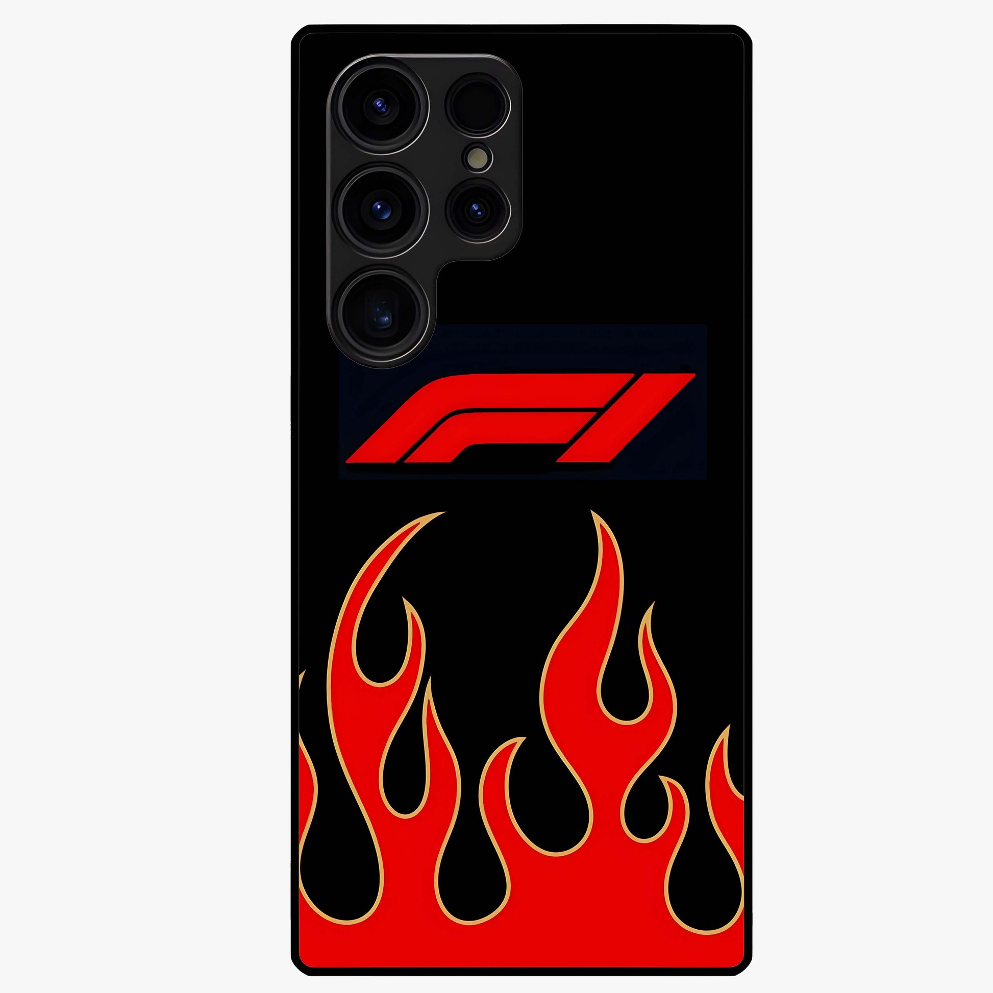 Fire F11 Glass Case showing flat back view with fiery themed artwork and glossy glass finish.