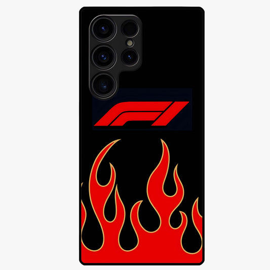 Fire F11 Glass Case showing flat back view with fiery themed artwork and glossy glass finish.