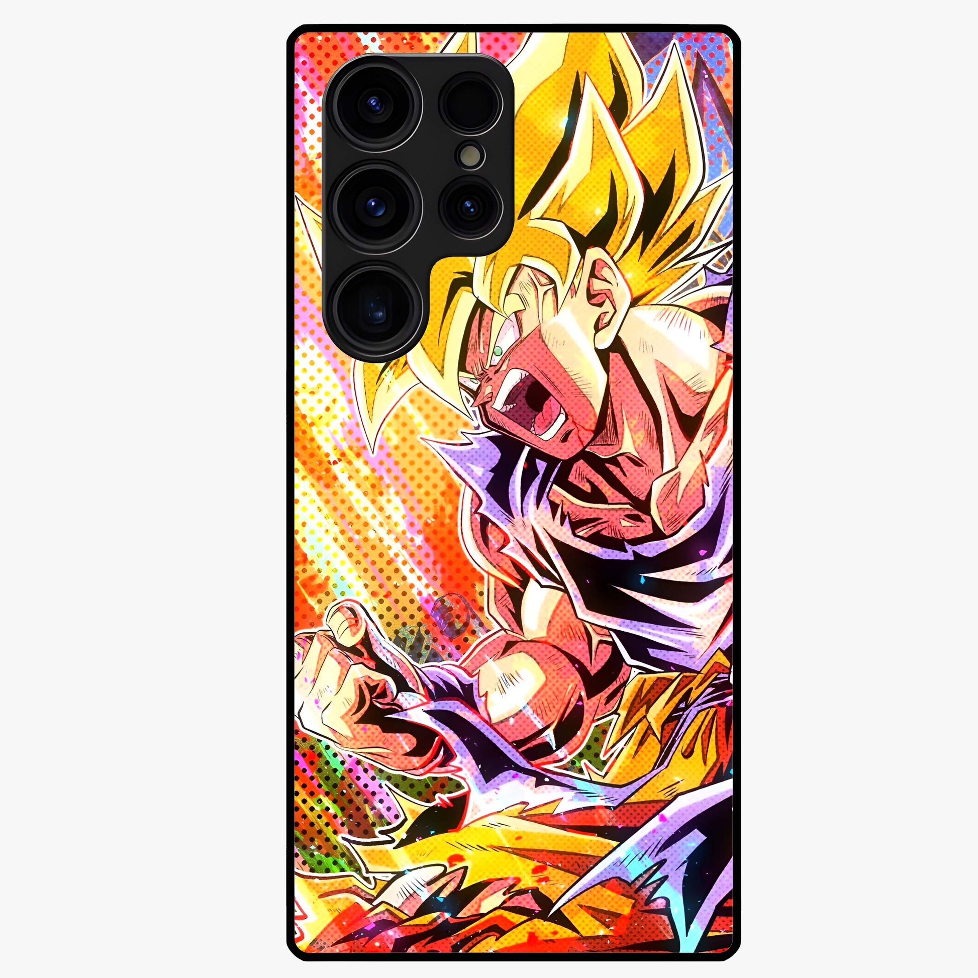 Firing Goku Glass Case showing flat back view with powerful anime inspired artwork and glossy glass finish.