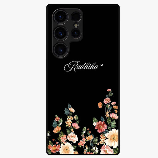 Floral Design With a Custom Personalized Name Glass Case showing flat back view with floral artwork and personalized name design.