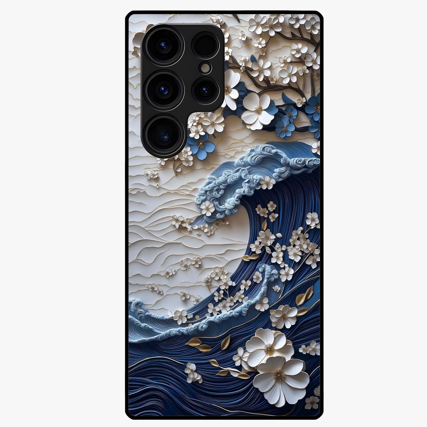 Floral Wave Origami Glass Case showing flat back view with origami inspired floral wave artwork and glossy glass finish.