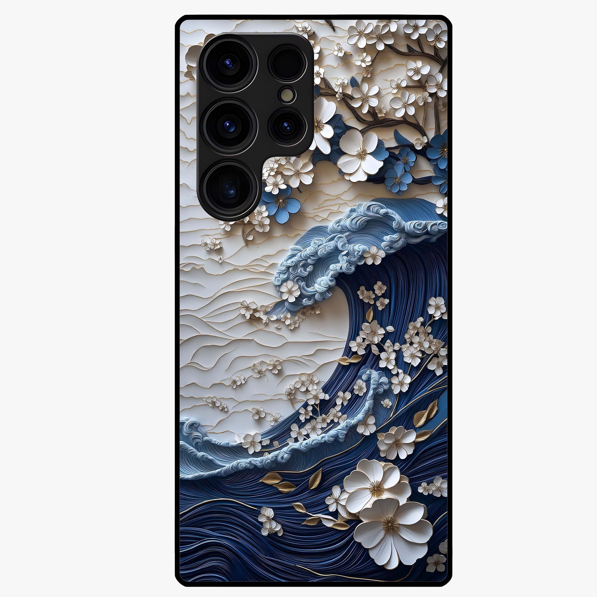 Floral Wave Origami Glass Case showing flat back view with origami inspired floral wave artwork and glossy glass finish.