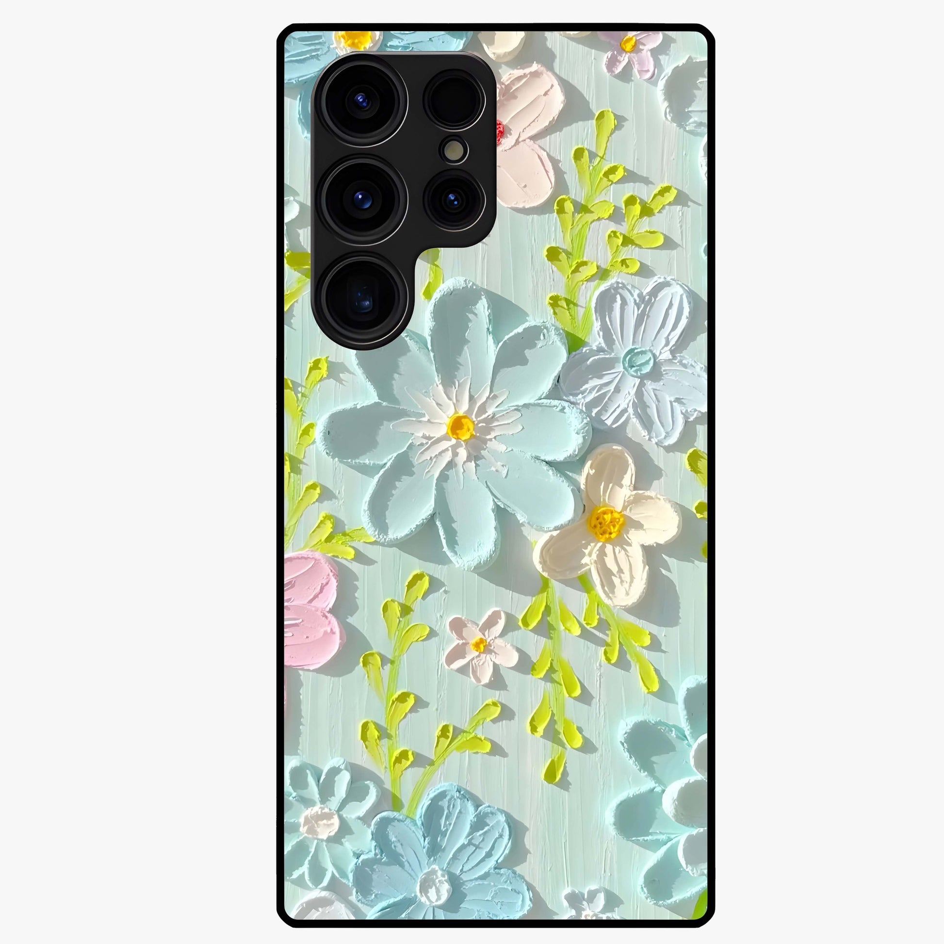 Frosted Petal Garden Glass Case showing flat back view with soft frosted floral artwork and glossy glass finish.