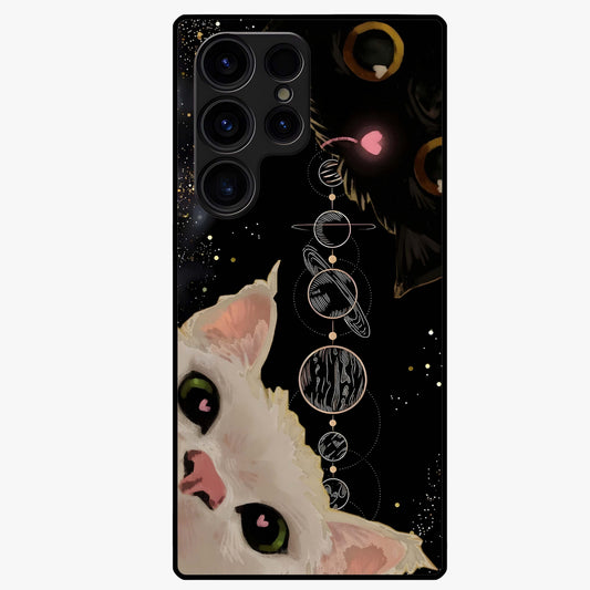 Galactic Cat Glass Case showing flat back view with cosmic cat artwork and glossy glass finish.