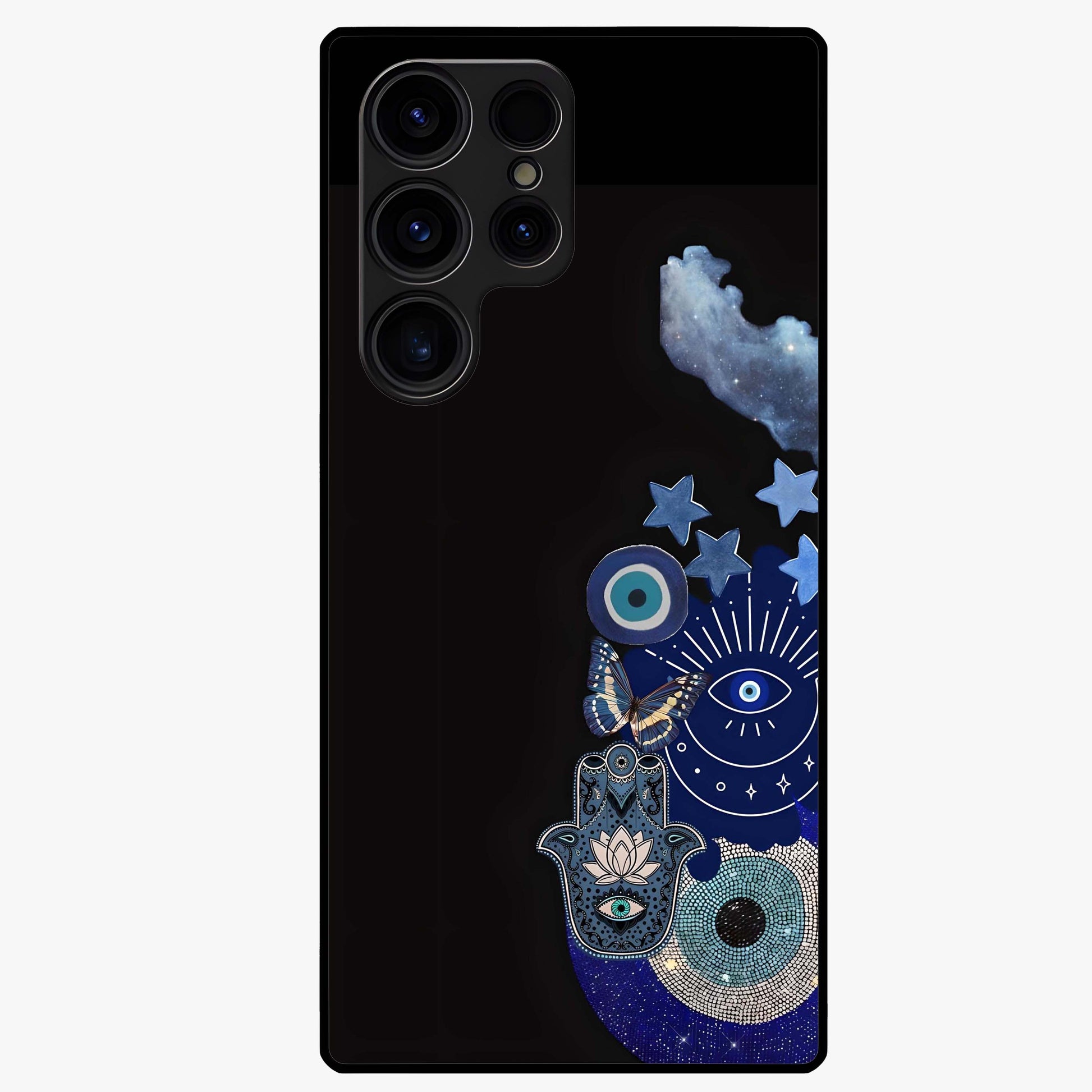 Galactic Charm Cluster Glass Case showing flat back view with glowing celestial charm artwork and glossy glass finish.