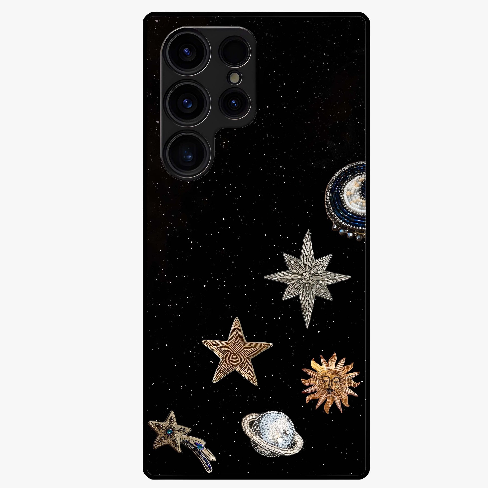 Galactic Charm Glow Glass Case showing flat back view with glowing celestial charm artwork and glossy glass finish.