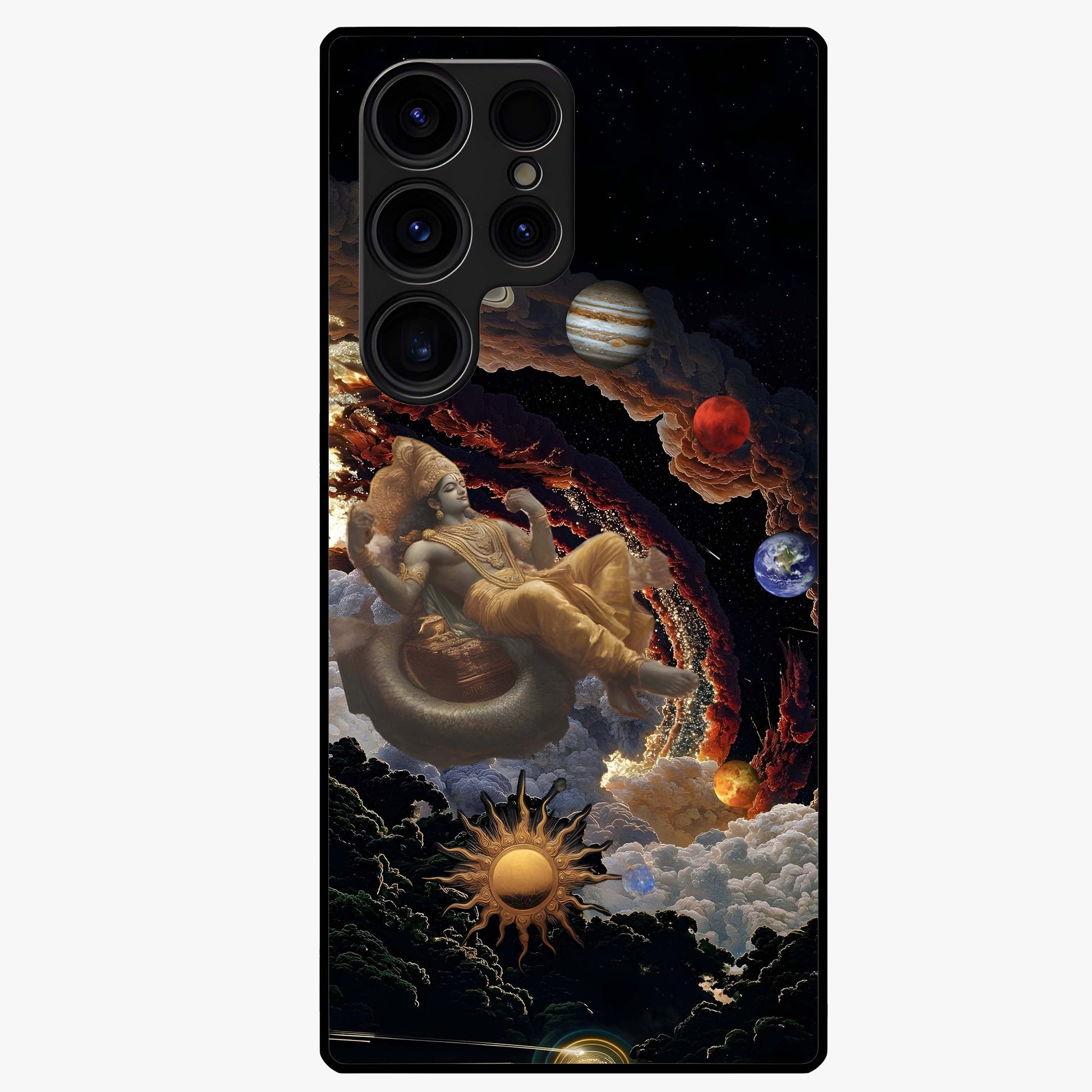 Galactic Divine God Glass Case showing flat back view with divine cosmic themed artwork and glossy glass finish.