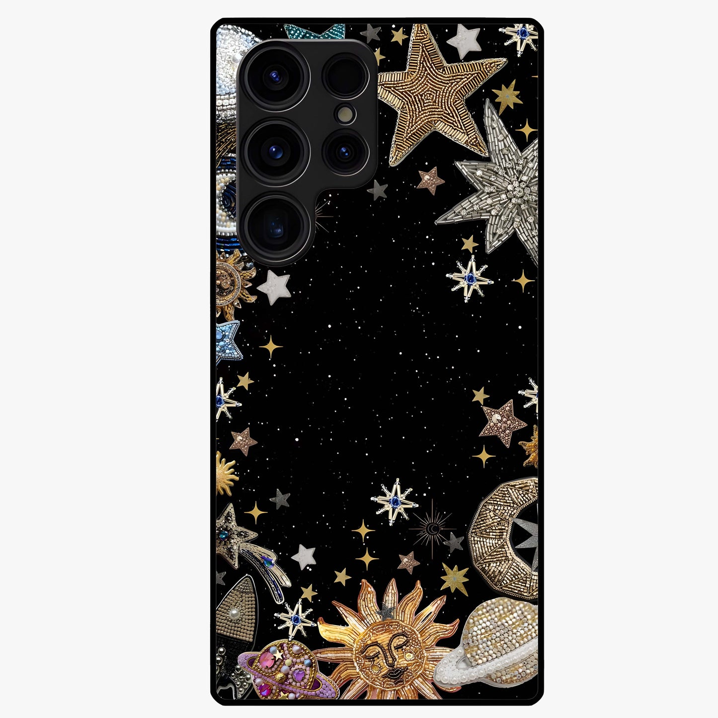 Galactic Jewel Stars Glass Case showing flat back view with sparkling star jewel artwork and glossy glass finish.