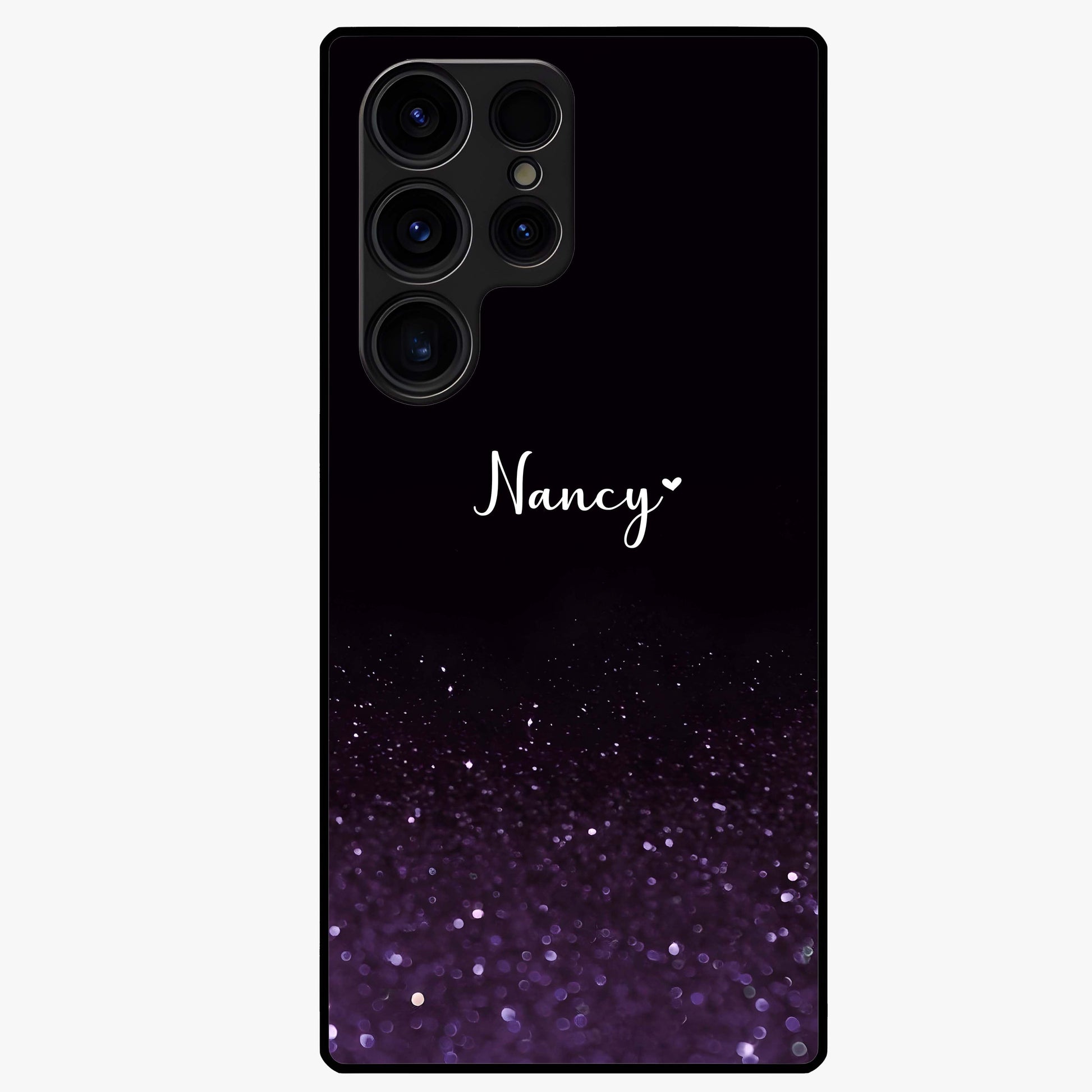 Glittery Purple Bokeh Custom Name Glass Case showing flat back view with purple bokeh sparkle artwork and personalized name design.