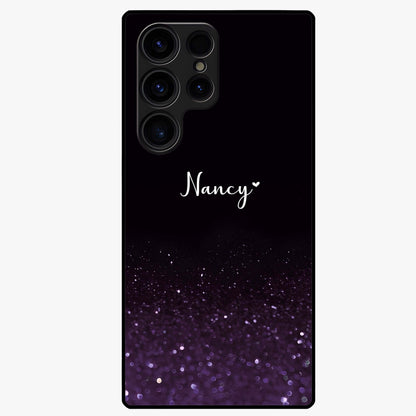 Glittery Purple Bokeh Custom Name Glass Case showing flat back view with purple bokeh sparkle artwork and personalized name design.