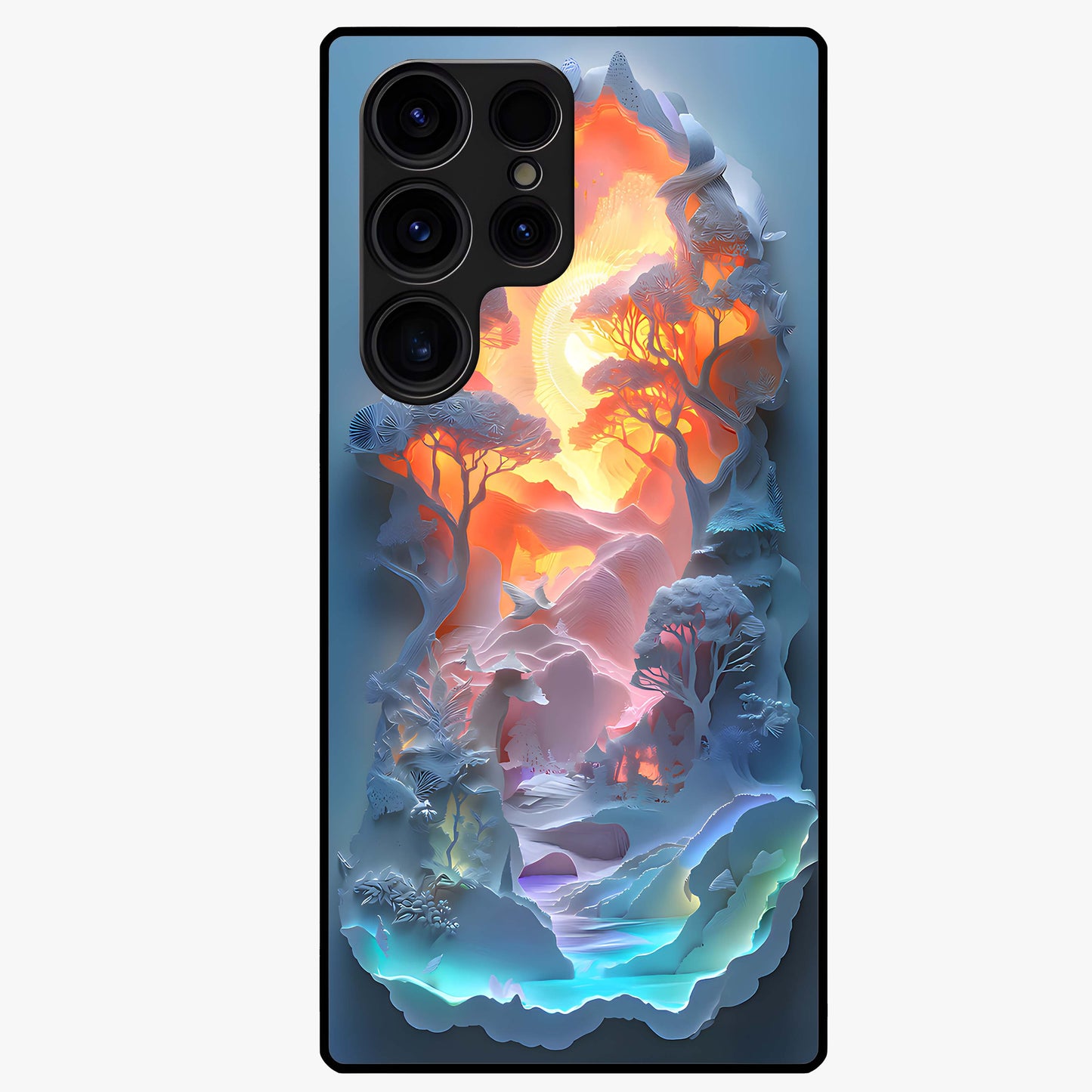 Glow Forest Portal Glass Case showing flat back view with glowing forest portal artwork and glossy glass finish.