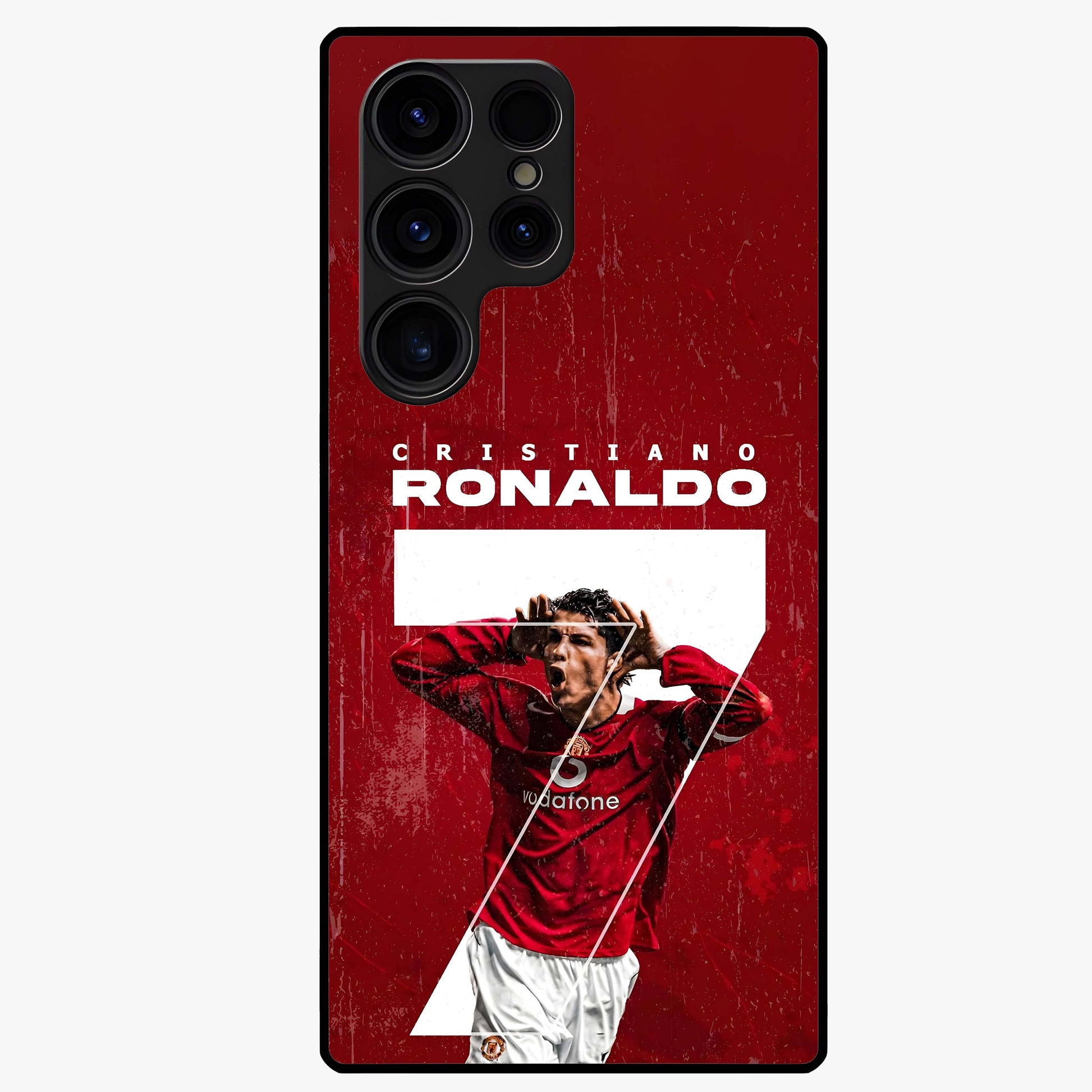 Goal Celebration Legacy Glass Case showing flat back view with football celebration inspired artwork and glossy glass finish.