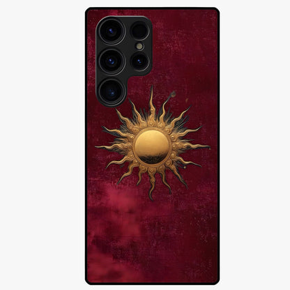 Gold Sun Blush Glass Case showing flat back view with golden sun inspired artwork and glossy glass finish.
