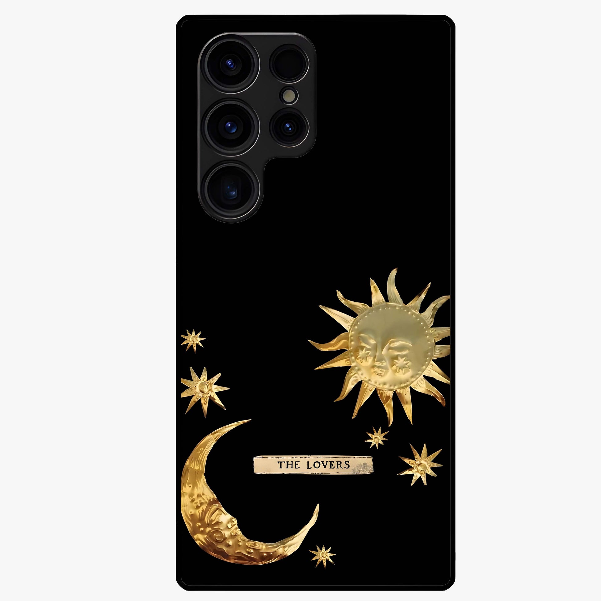 Golden Celestial Charm Glass Case showing flat back view with golden celestial charm artwork and glossy glass finish.