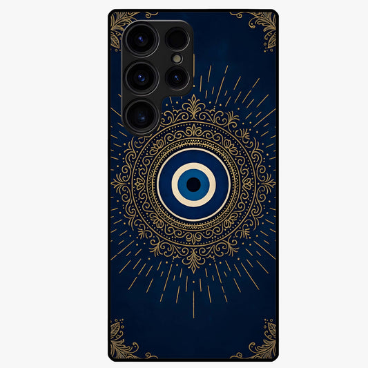 Golden Evil Eye Mandala Glass Case showing flat back view with intricate evil eye mandala artwork and glossy glass finish.