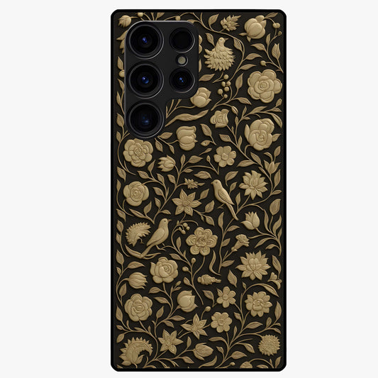 Golden Floral Majesty Glass Case showing flat back view with luxurious golden floral artwork and glossy glass finish.