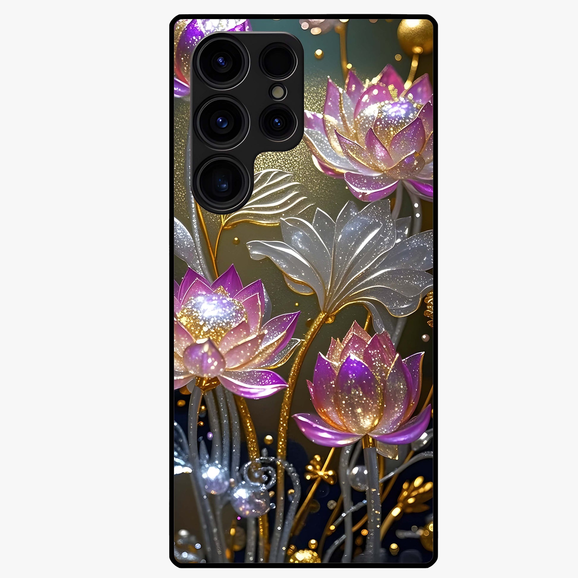 Golden Lotus Glow Glass Case showing flat back view with glowing lotus flower artwork and glossy glass finish.