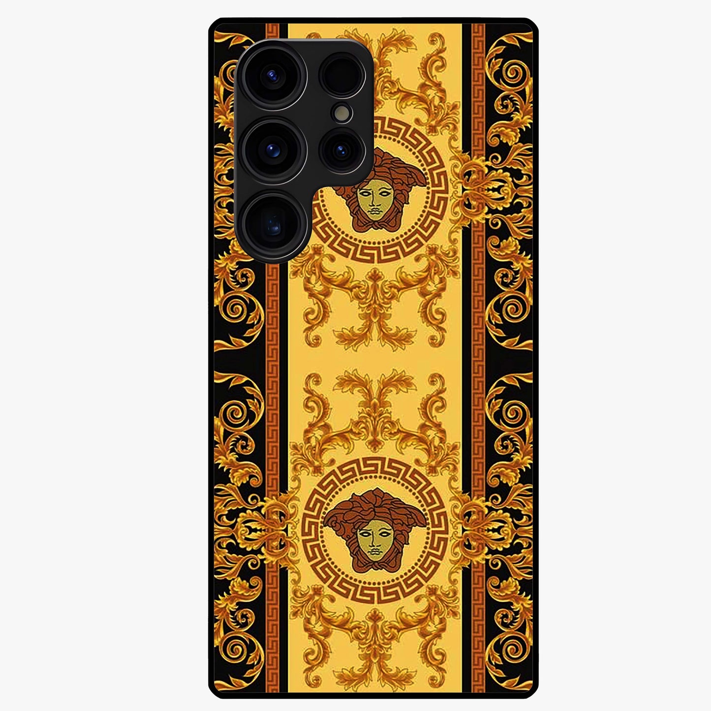Golden Royal Heritage Glass Case showing flat back view with ornate royal pattern artwork and glossy glass finish.