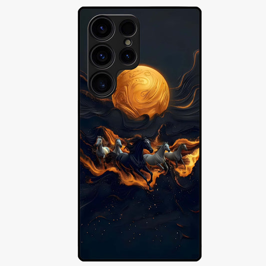 Golden Stallion Moonride Glass Case showing flat back view with majestic horse under moonlight artwork and glossy glass finish.