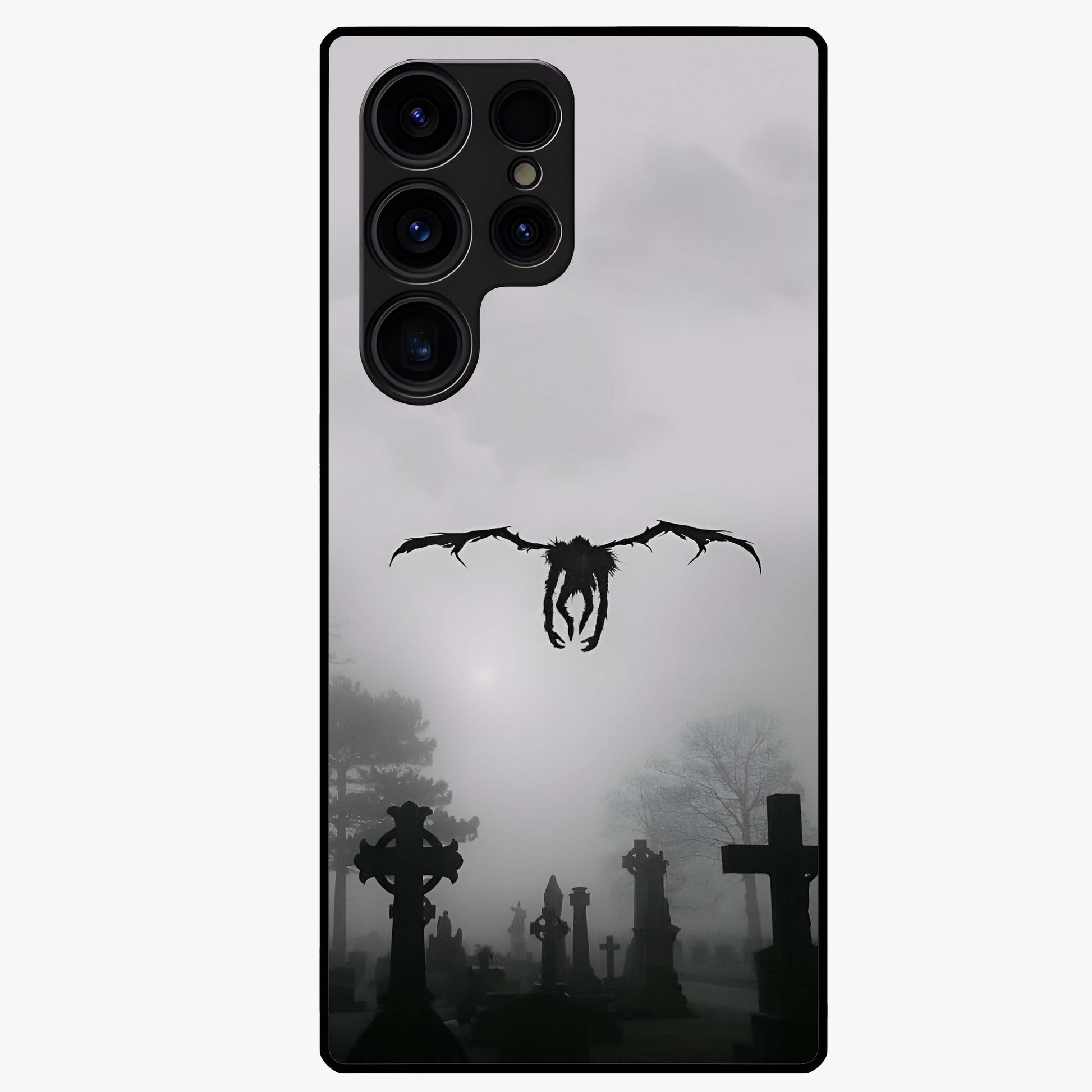 Graveyard Shadow Descent Glass Case showing flat back view with dark graveyard themed artwork and glossy glass finish.