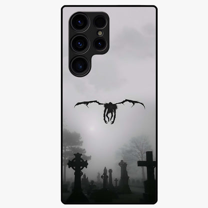 Graveyard Shadow Descent Glass Case showing flat back view with dark graveyard themed artwork and glossy glass finish.