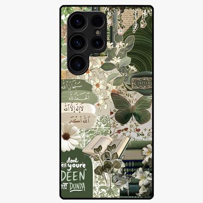Green Islamic Books Quotes Glass Case showing flat back view with Islamic quotes and book themed artwork and glossy glass finish.