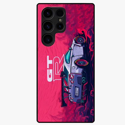 GT-R Car Pattern Glass Case showing flat back view with sporty car inspired pattern artwork and glossy glass finish.