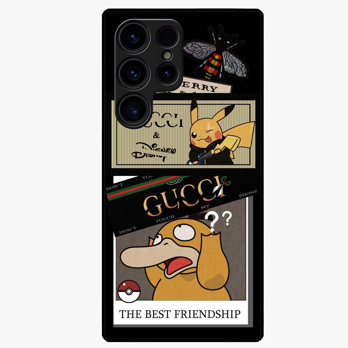Gucci Play Mashup Glass Case showing flat back view with luxury inspired graphic artwork and glossy glass finish.