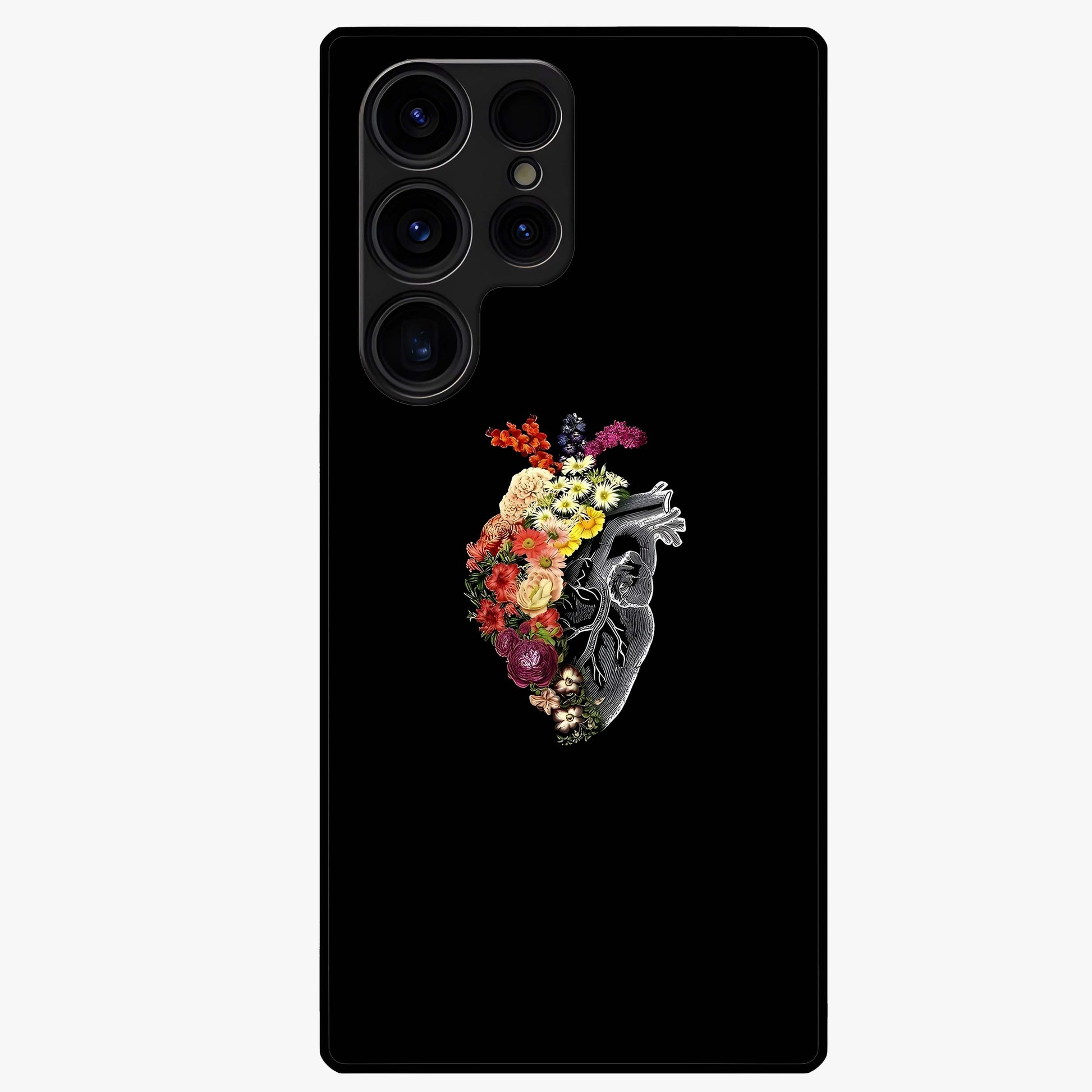 Heart With Flowers Glass Case showing flat back view with heart shaped floral artwork and glossy glass finish.