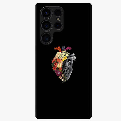 Heart With Flowers Glass Case showing flat back view with heart shaped floral artwork and glossy glass finish.