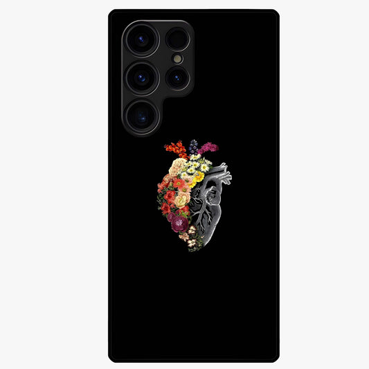 Heart With Flowers Glass Case showing flat back view with heart shaped floral artwork and glossy glass finish.