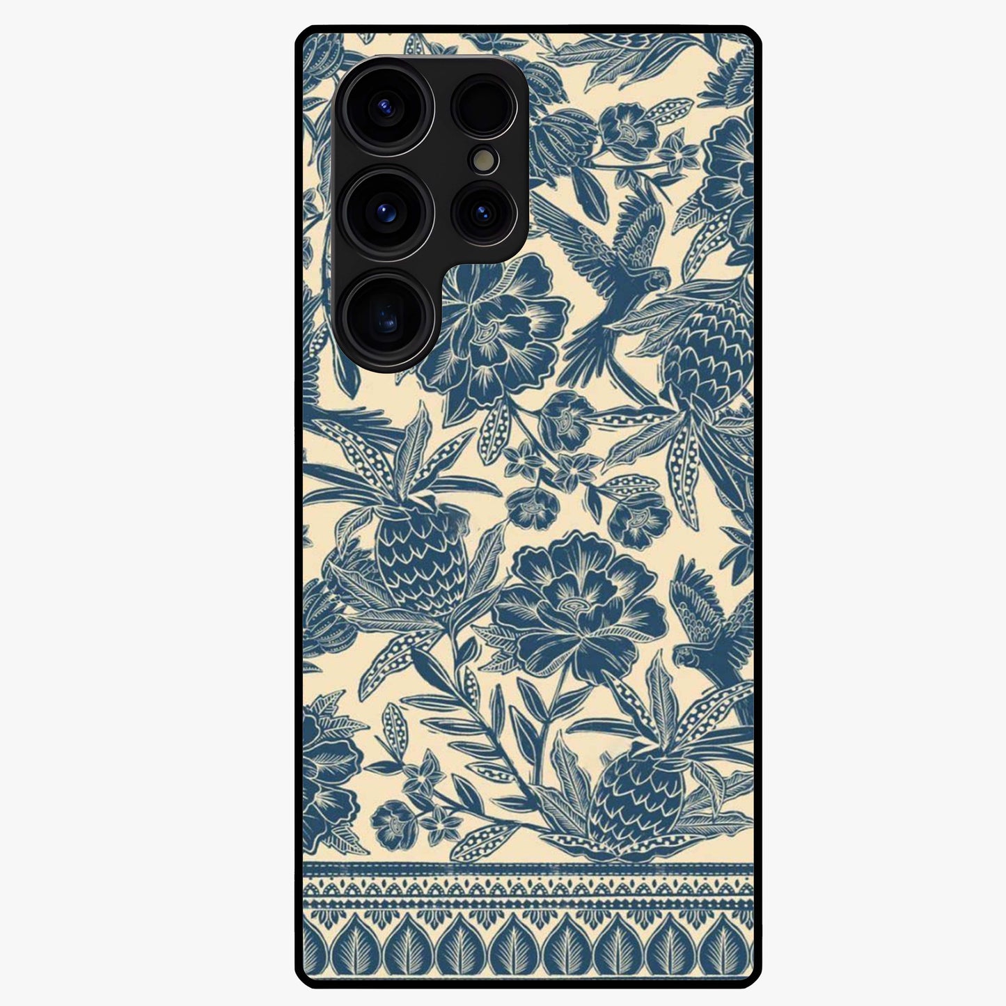 Heirloom Wild Bloom Glass Case showing flat back view with vintage inspired wild flower artwork and glossy glass finish.