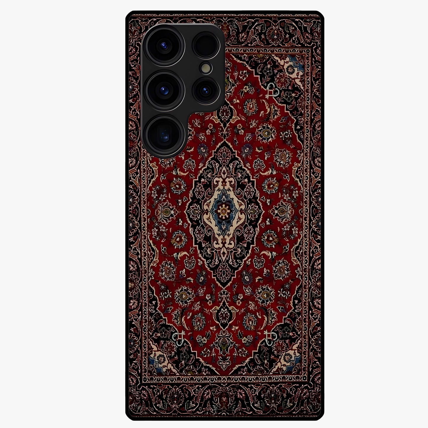 Heritage Carpet Royale Glass Case showing flat back view with ornate Persian carpet inspired pattern and glossy glass finish.