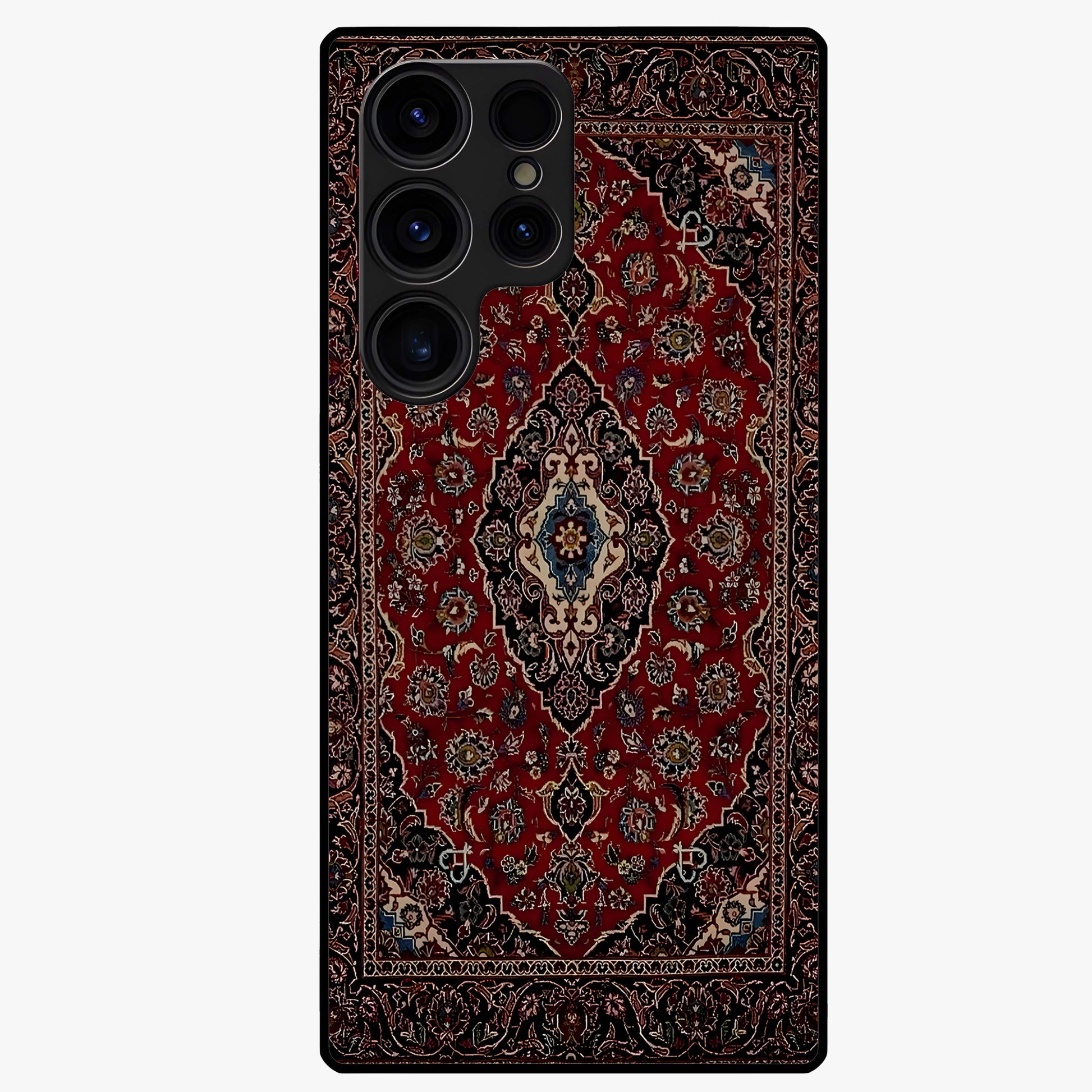 Heritage Carpet Royale Glass Case showing flat back view with ornate Persian carpet inspired pattern and glossy glass finish.