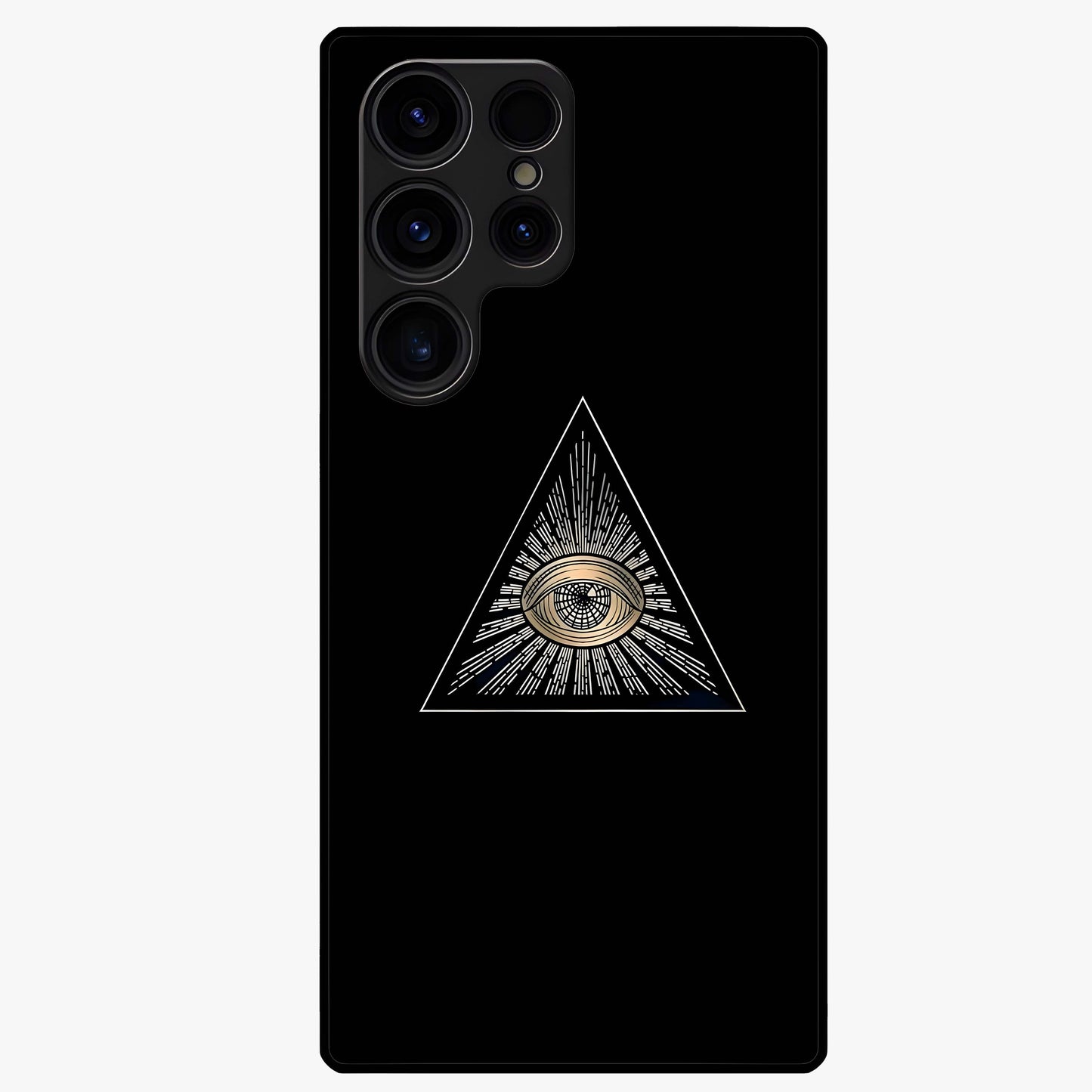 Illuminati Evil Glass Case showing flat back view with mysterious illuminati symbol artwork and glossy glass finish.
