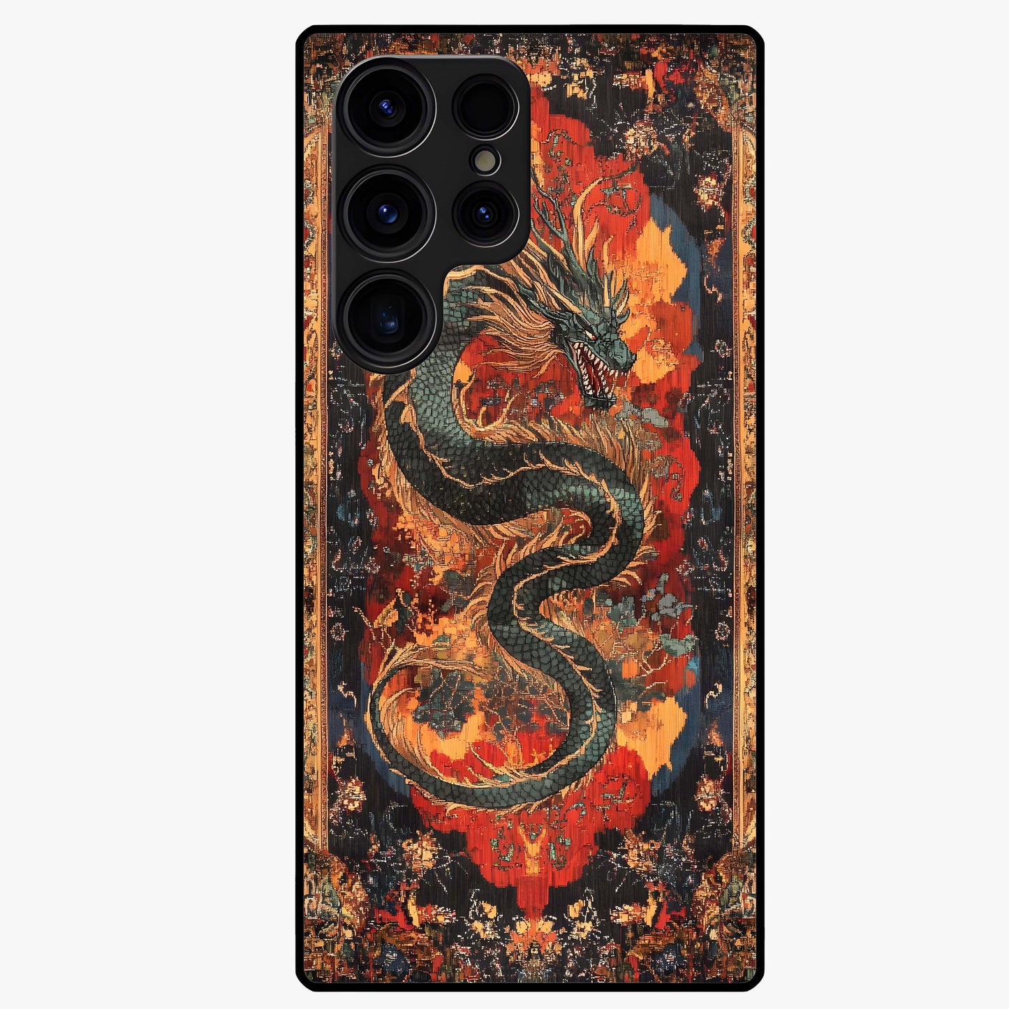 Inferno Dragon Soul Glass Case showing flat back view with fiery dragon artwork and glossy glass finish.