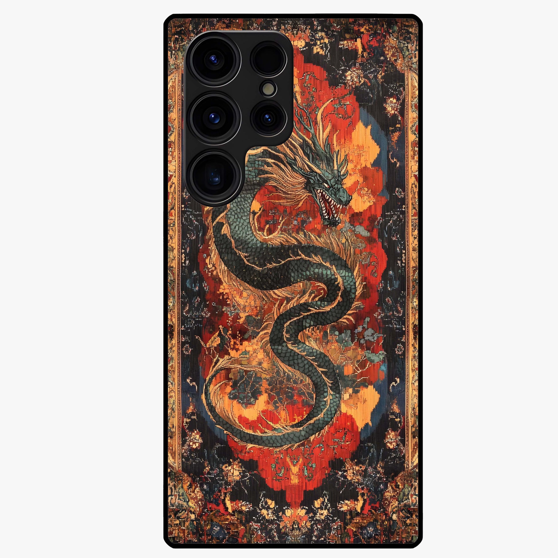 Inferno Dragon Soul Glass Case showing flat back view with fiery dragon artwork and glossy glass finish.