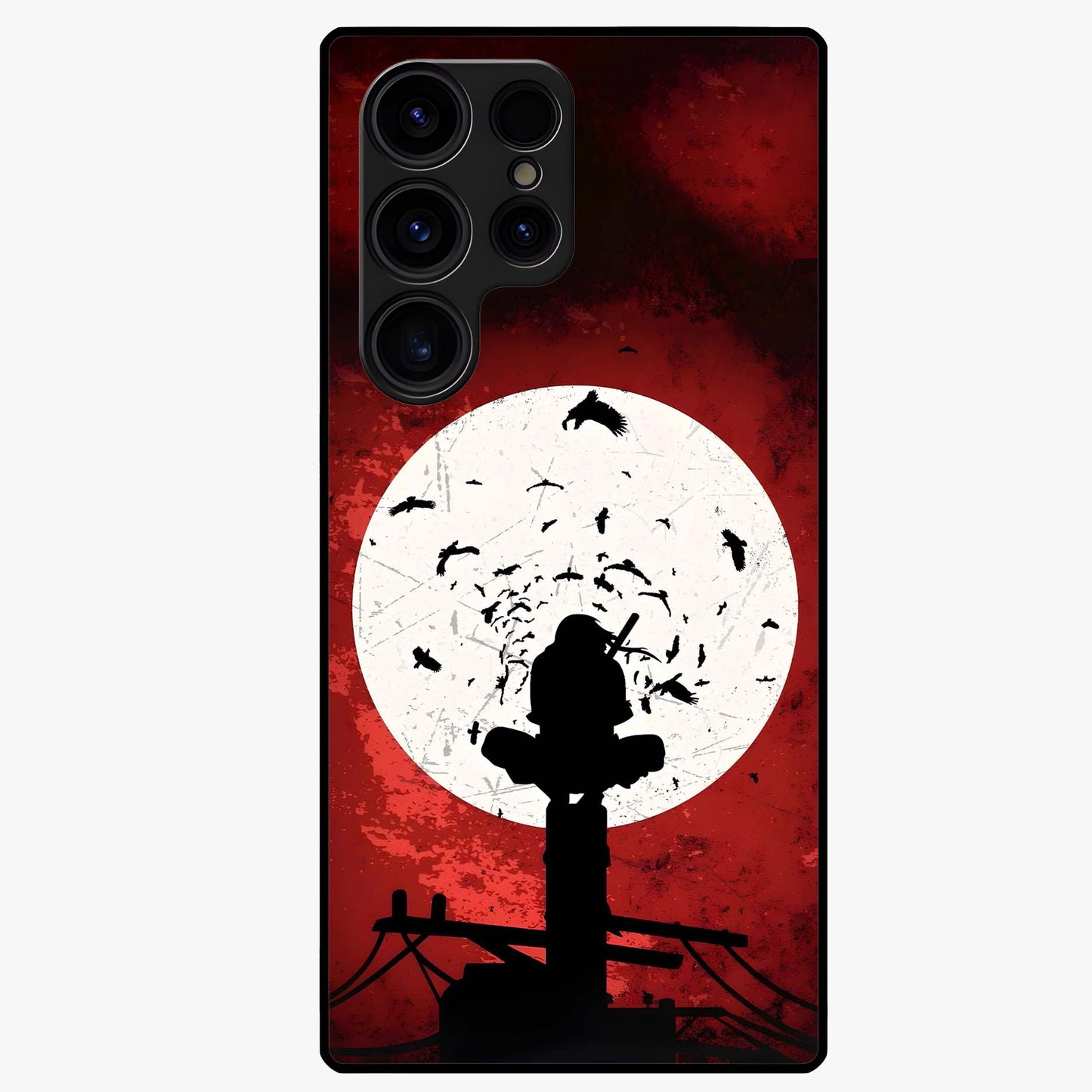 Itachi Sharingan Glass Case showing flat back view with powerful anime eye artwork and glossy glass finish.
