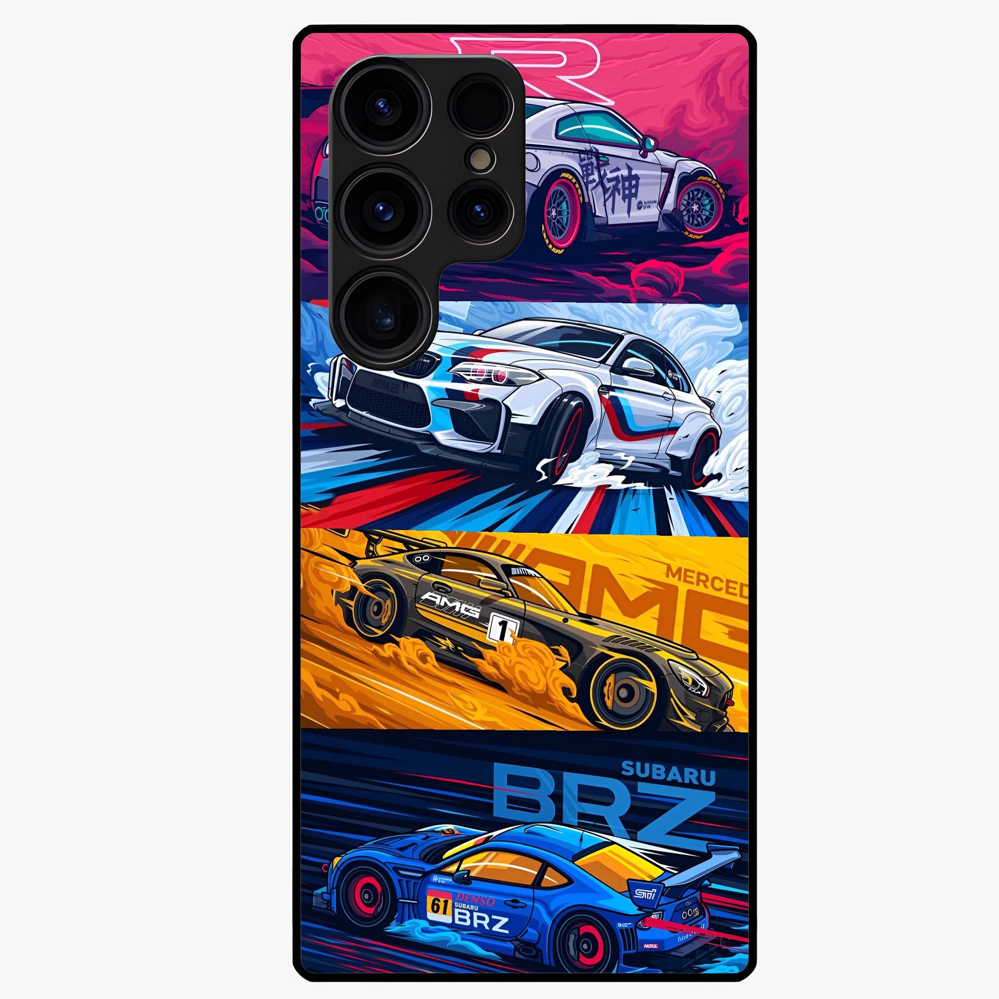 JDM Sports Car Glass Case showing flat back view with high performance sports car artwork and glossy glass finish.
