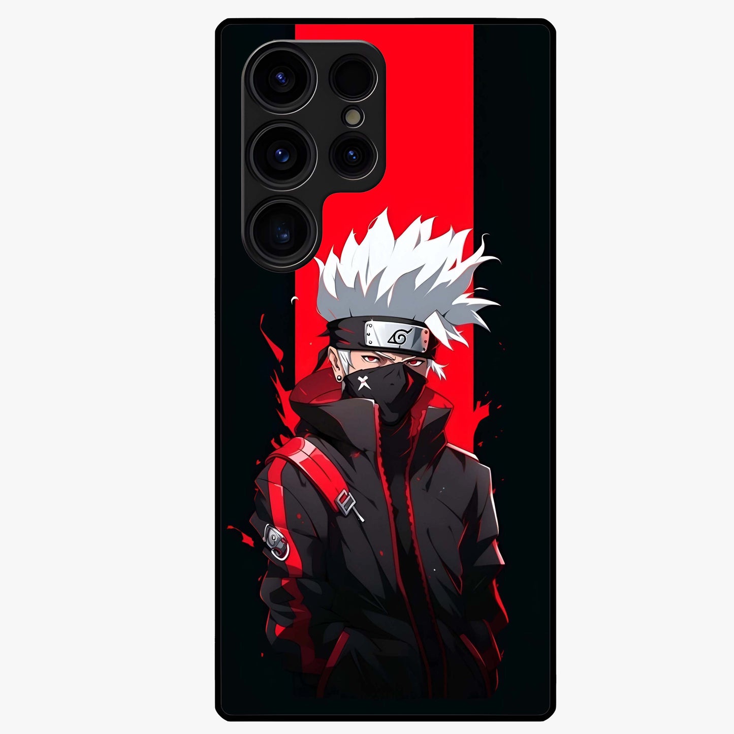 Kakashi Scarlet Shadow Glass Case showing flat back view with powerful anime ninja artwork and glossy glass finish.