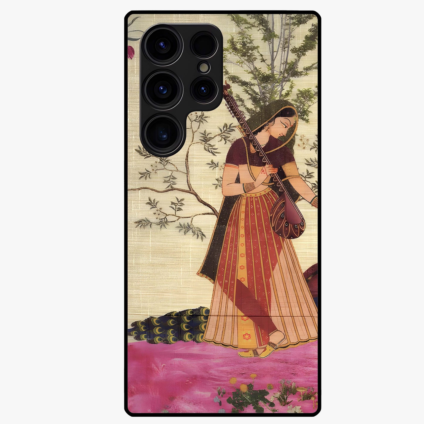 Lady With Veena Art Glass Case showing flat back view with elegant woman playing veena artwork and glossy glass finish.