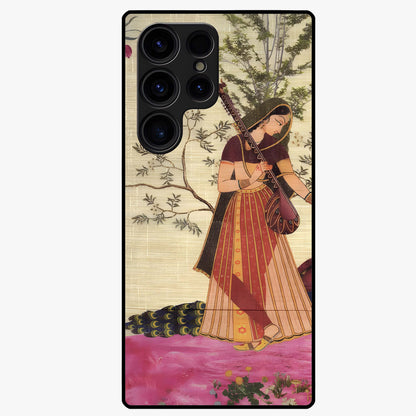Lady With Veena Art Glass Case showing flat back view with elegant woman playing veena artwork and glossy glass finish.