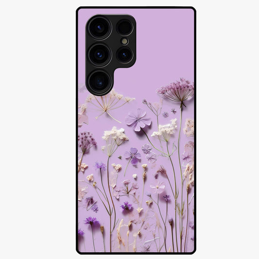 Lavender Blossom Dream Glass Case showing flat back view with soft lavender floral artwork and glossy glass finish.