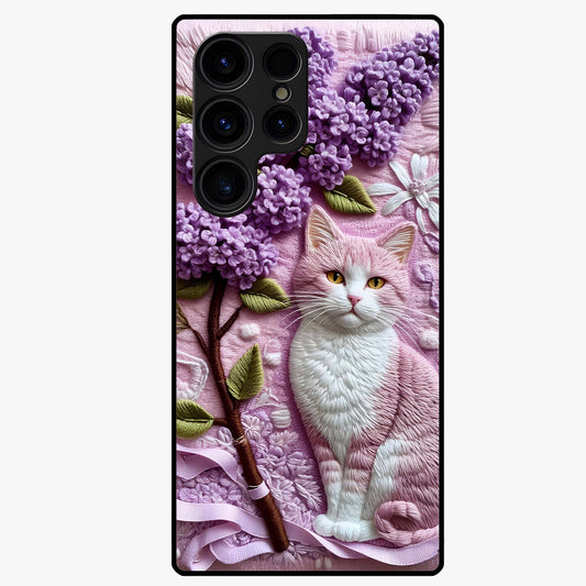 Lavender Cat Whimsy Glass Case showing flat back view with cute lavender cat artwork and glossy glass finish.