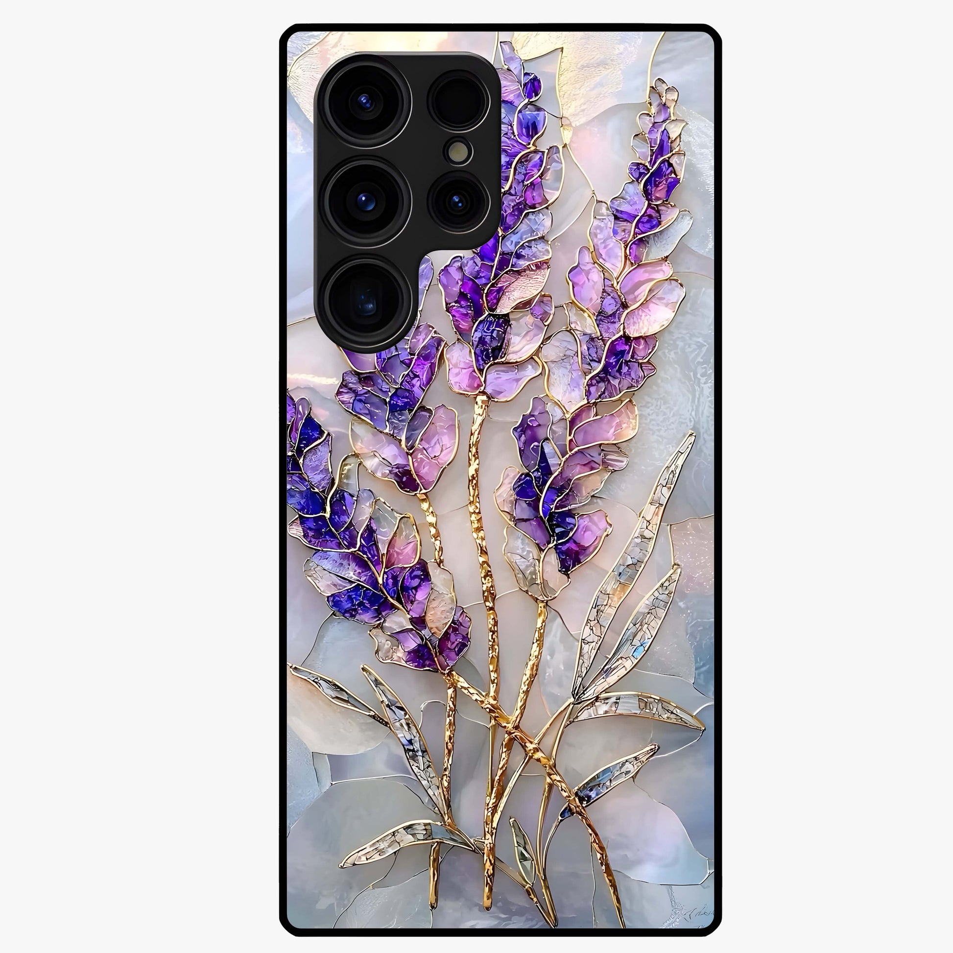 Lavender Dream Glow Glass Case showing flat back view with glowing lavender aesthetic artwork and glossy glass finish.