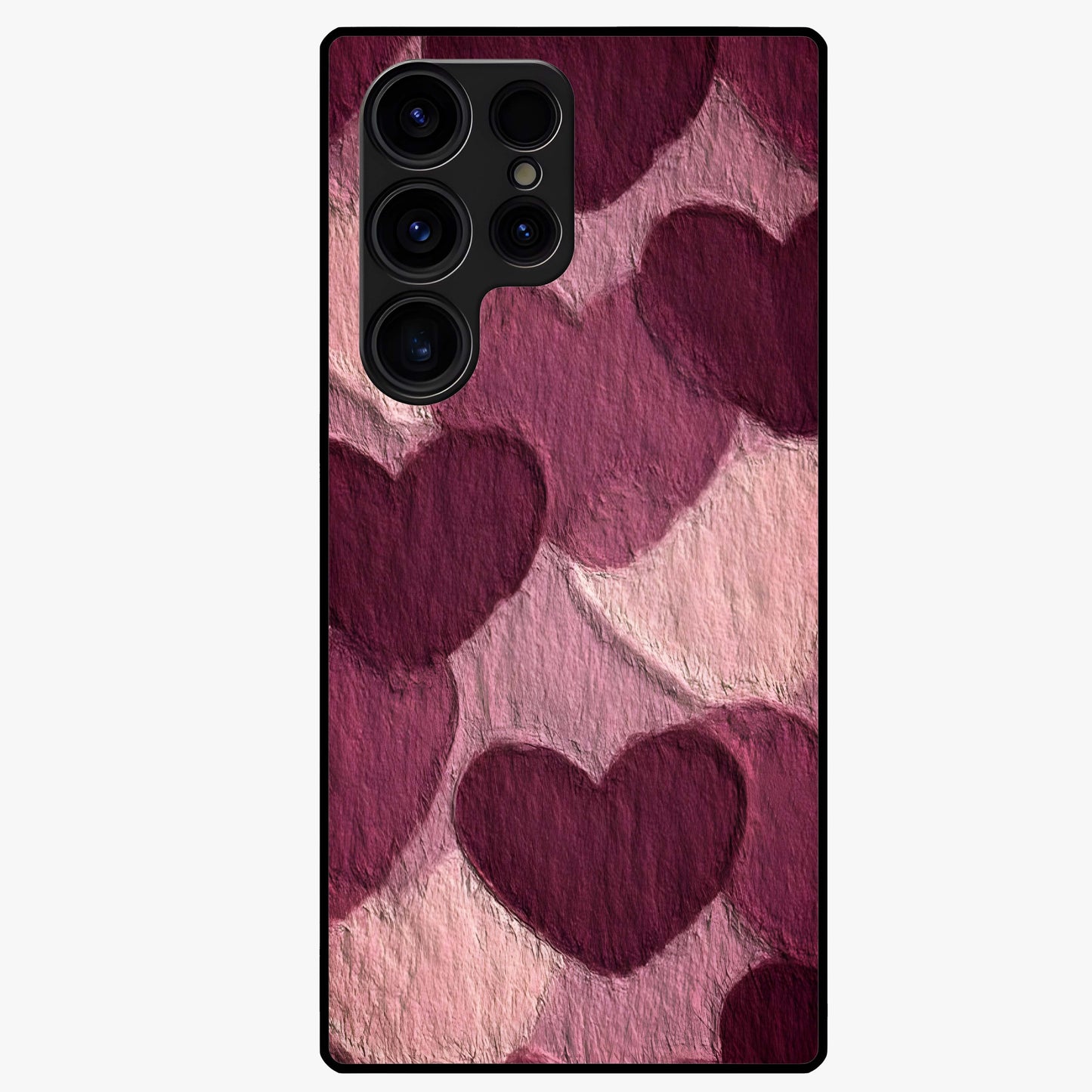 Layered Paper Hearts Glass Case showing flat back view with layered paper heart artwork and glossy glass finish.
